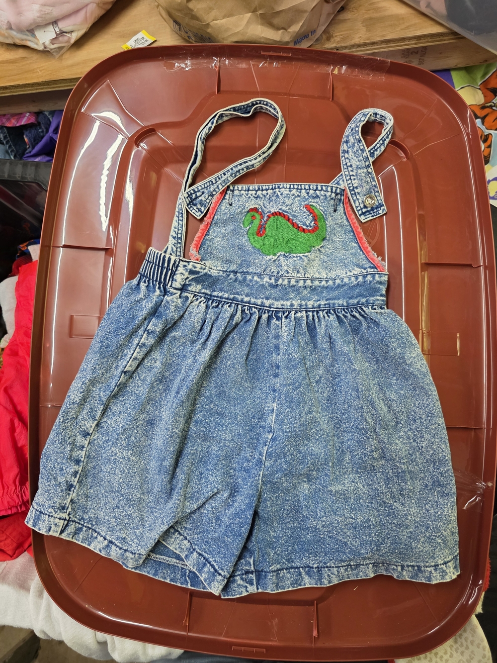 Acid-Wash Denim Overalls with Green Dragon Patch and Pink Trim Missing Button